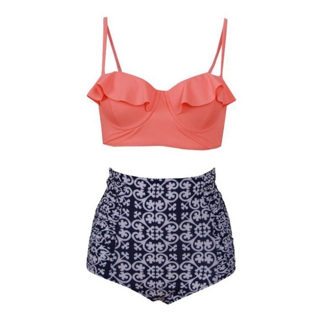 Coral and Navy High-Waisted Bikini Set (T34)